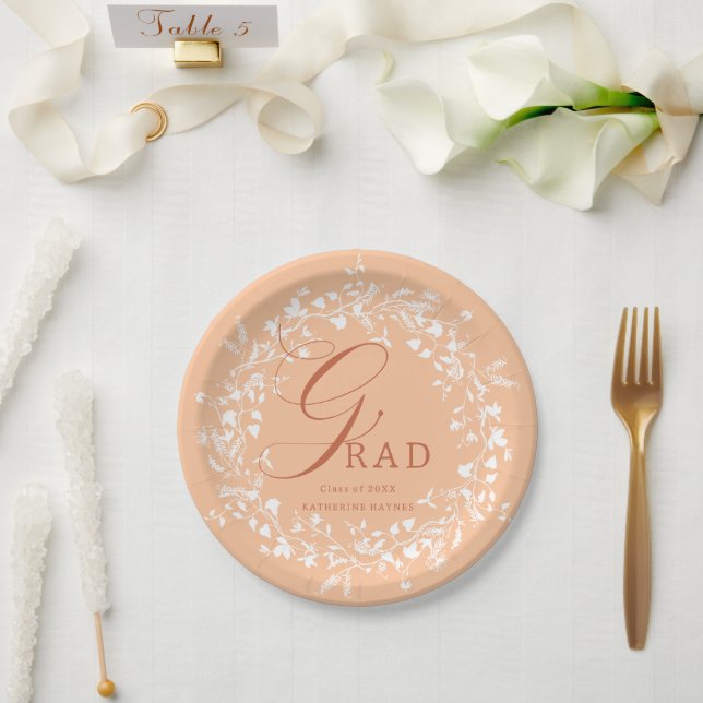 Peach Fuzz White Wildflower Wreath Graduation Paper Plates (Wedding)