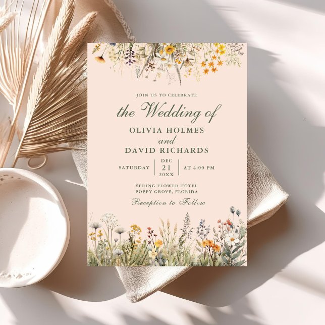 Peach Fuzz Wildflower Meadow Wedding Invite (Peach Fuzz Wildflower Meadow Wedding Invite on a table with boho decor and dry flowers.)