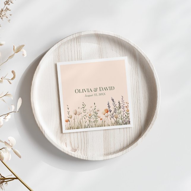 Peach Fuzz Wildflower Meadow Wedding Napkins (Peach Fuzz Wildflower Meadow Wedding Napkins on white table with dry flowers.)