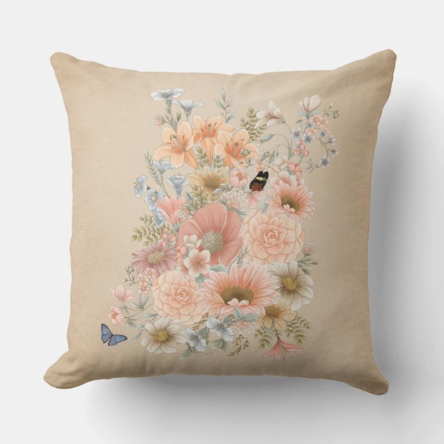 Peach Garden Bouquet on Tan Shaded Throw Pillow (Front)