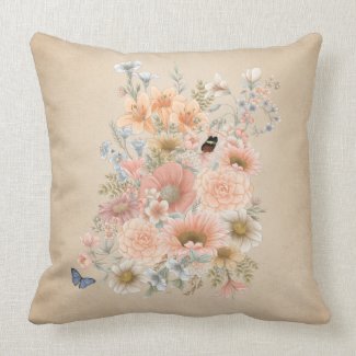 Peach Garden Bouquet on Tan Shaded Throw Pillow