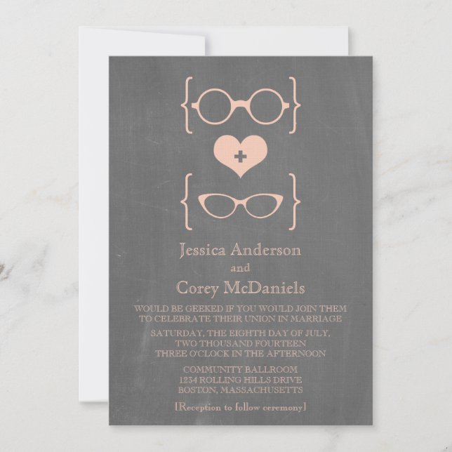 Peach Geeky Glasses Chalkboard Wedding Invite (Front)