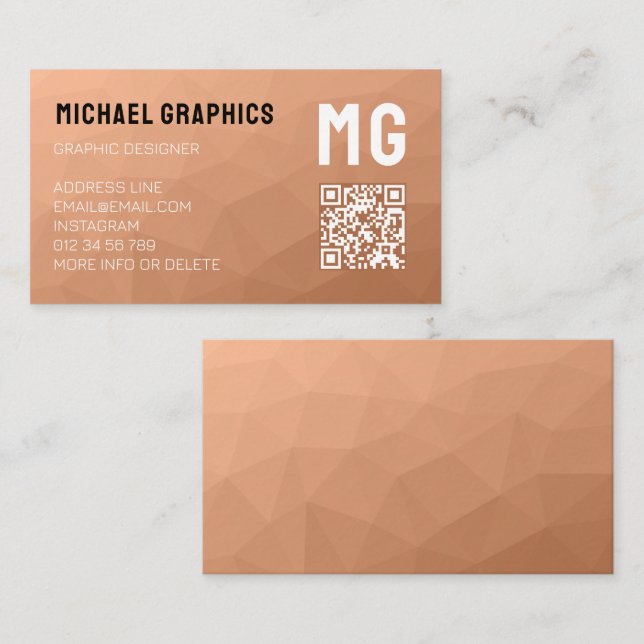Peach geometric mesh pattern QR code Monogram Business Card (Front/Back)
