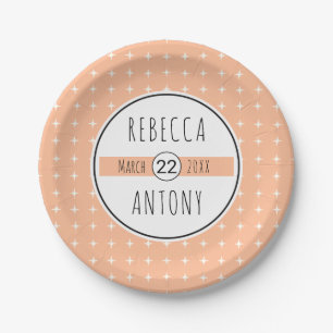 Peach geometric pattern, typography banner wedding paper plates
