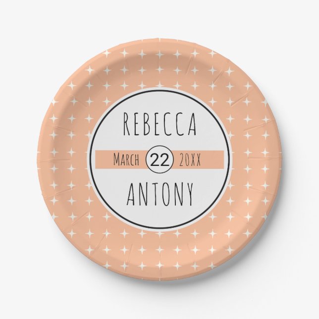 Peach geometric pattern, typography banner wedding paper plates (Front)