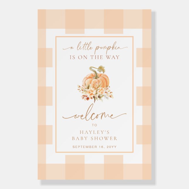 Peach Gingham A Little Pumpkin Baby Shower Welcome Foam Board (Front)