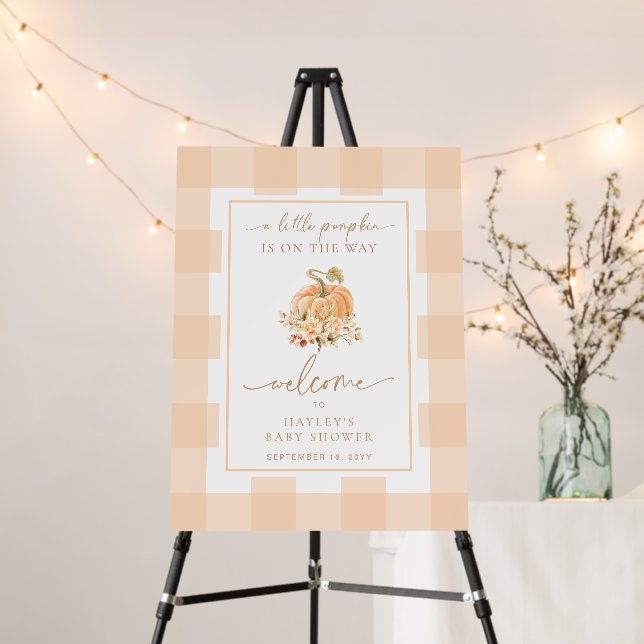 Peach Gingham A Little Pumpkin Baby Shower Welcome Foam Board (In Situ (Stand))