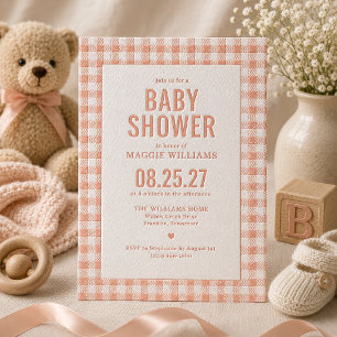 Peach Gingham Baby Girl Shower Letterpress Invitation