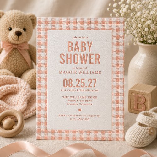 Peach Gingham Baby Girl Shower Letterpress Invitation