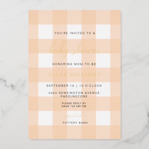 Peach Gingham Baby Shower Foil Invitation