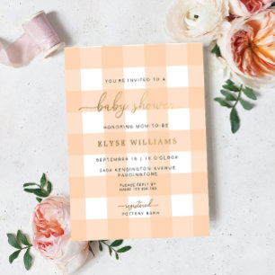 Peach Gingham Baby Shower Foil Invitation