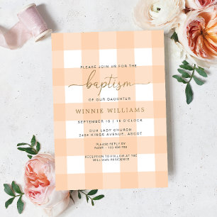 Peach Gingham Baptism Gold Foil Invitation
