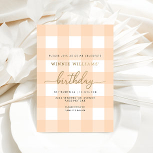Peach Gingham Birthday Gold Foil Invitation