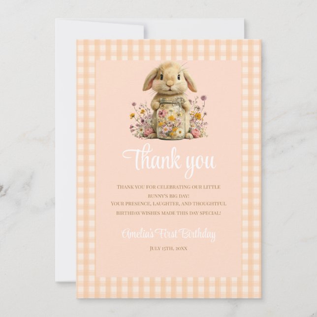Peach Gingham Bunny 1st Birthday Note Thank You Card (Front)