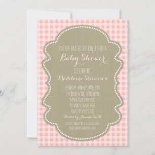 Peach Gingham Burlap Baby Shower Invitations