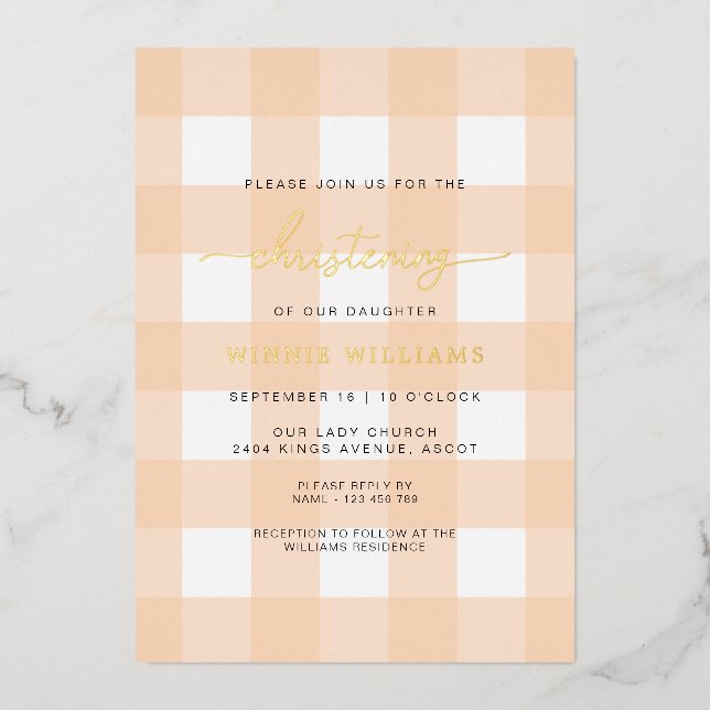 Peach Gingham Christening Foil Invitation (Front)