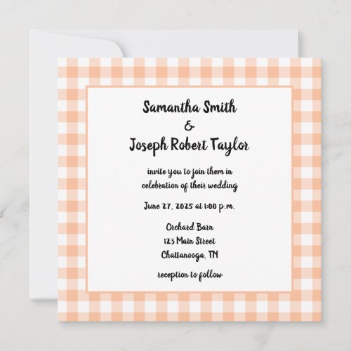 Peach Gingham Country Wedding Invitation