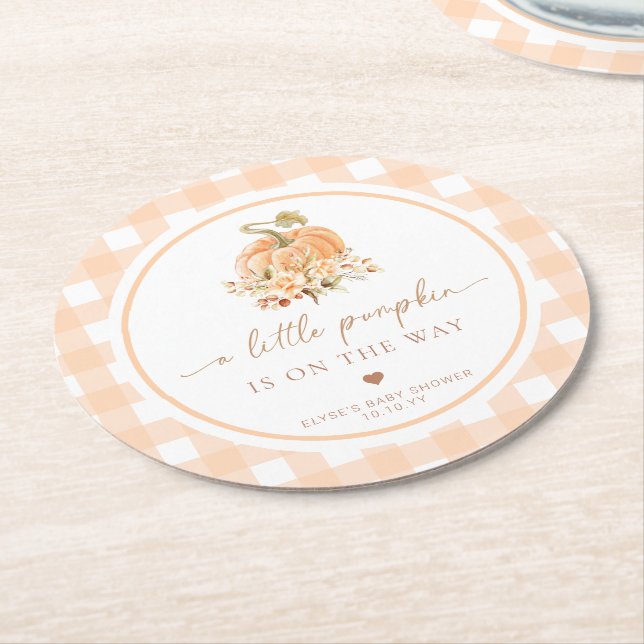 Peach Gingham Fall A Little Pumpkin Is On The Way Round Paper Coaster (Angled)