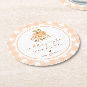 Peach Gingham Fall A Little Pumpkin Is On The Way Round Paper Coaster