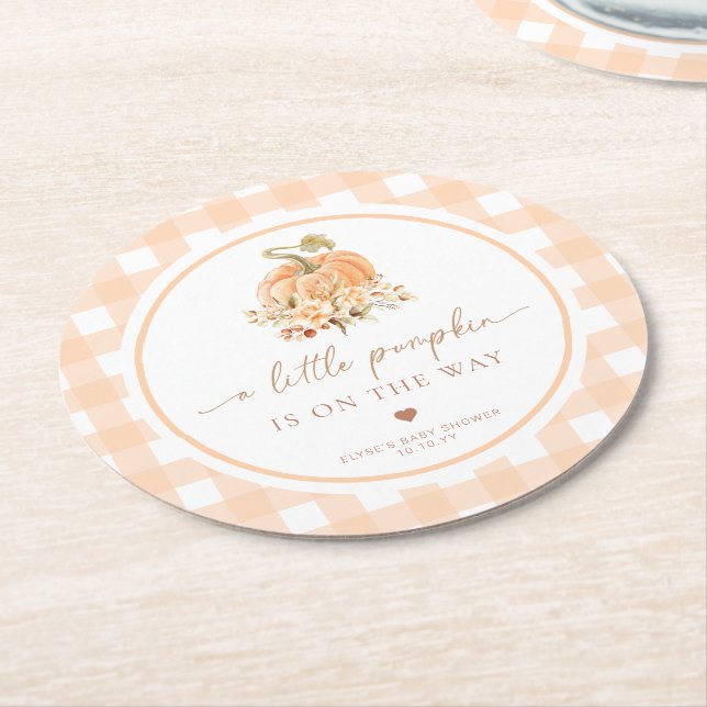 Peach Gingham Fall A Little Pumpkin Is On The Way Round Paper Coaster (Angled)