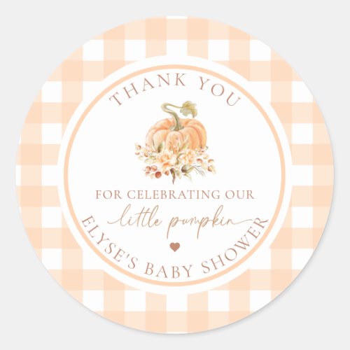 Peach Gingham Fall Our Little Pumpkin Thank You Classic Round Sticker