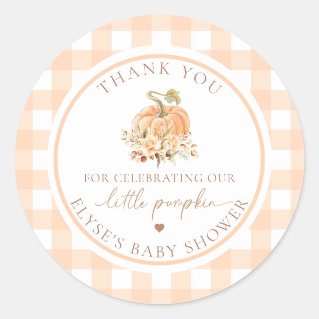 Peach Gingham Fall Our Little Pumpkin Thank You Classic Round Sticker (Front)