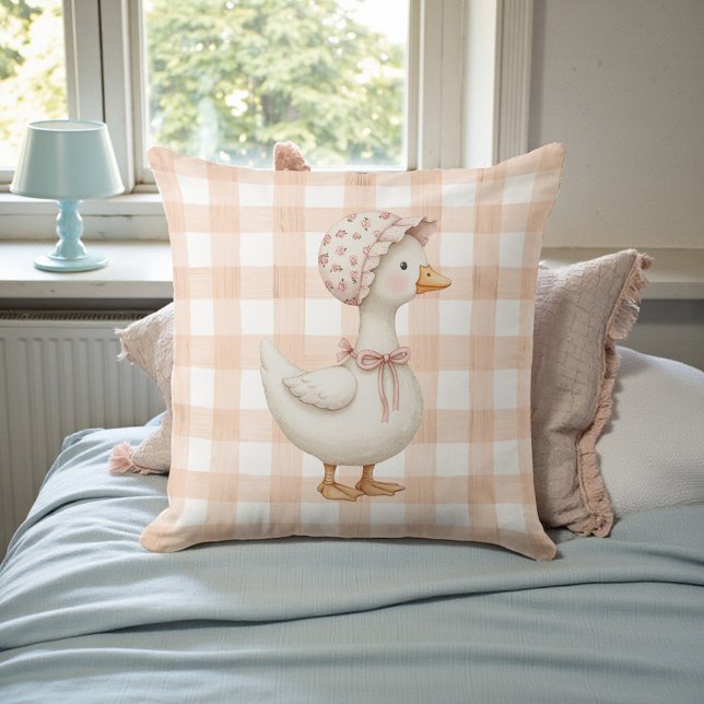 Peach Gingham Goose Watercolor Throw Pillow (Creator Uploaded)
