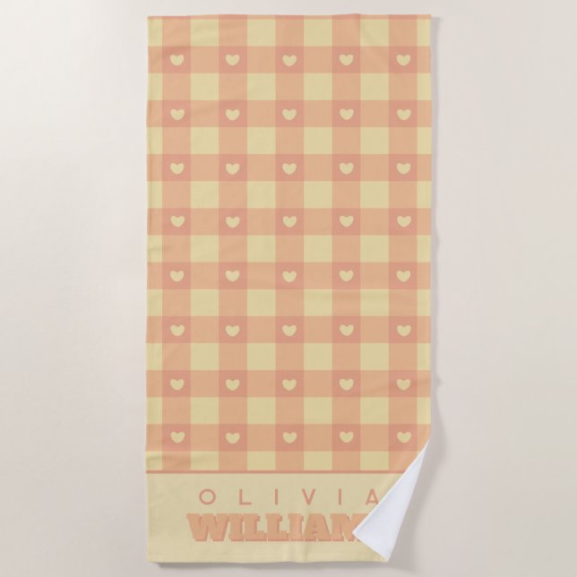 Peach Gingham Heart Pattern, Cute Kawaii Checkered Beach Towel (Front)