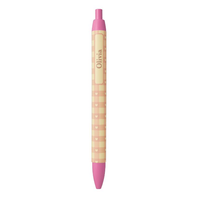 Peach Gingham Heart Pattern, Cute Kawaii Checkered Pen (Front Vertical)