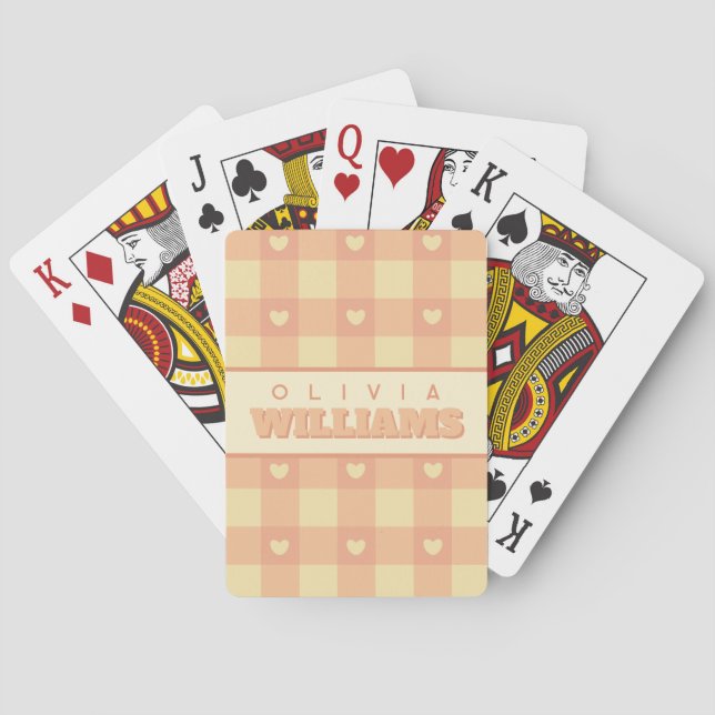 Peach Gingham Heart Pattern, Cute Kawaii Checkered Poker Cards (Back)