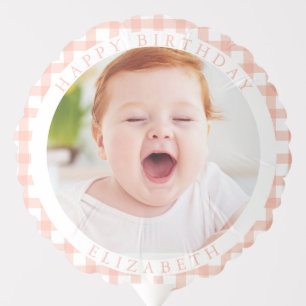 Peach Gingham Kids Photo Happy Birthday Party Balloon