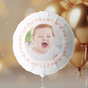 Peach Gingham Kids Photo Happy Birthday Party Balloon