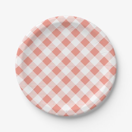 Peach Gingham Pattern Picnic BBQ Paper Plate