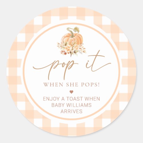 Peach Gingham Pumpkin Pop It When She Pops Classic Round Sticker