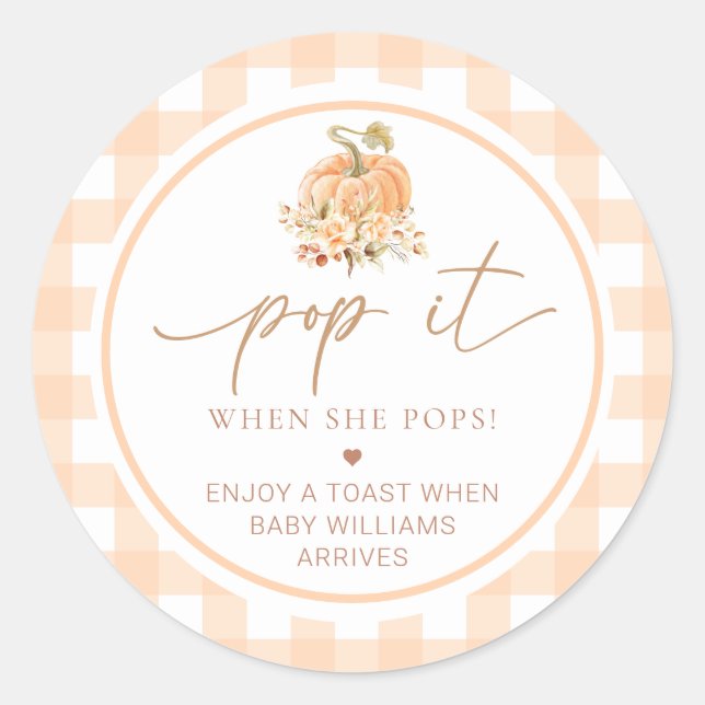 Peach Gingham Pumpkin Pop It When She Pops Classic Round Sticker (Front)