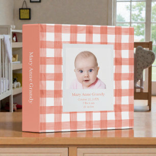 Peach Gingham Watercolor Custom Baby Photos 3 Ring Binder
