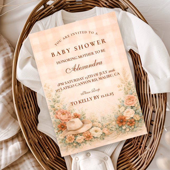 Peach Gingham Western Floral Baby Shower Invitation (Creator Uploaded)