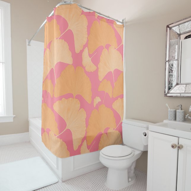 Peach Ginkgo Botanical Dream 1 Shower Curtain (In Situ)