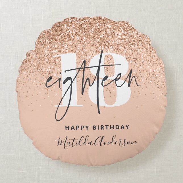Peach girly modern glitter chic 18 birthday round pillow (Front)