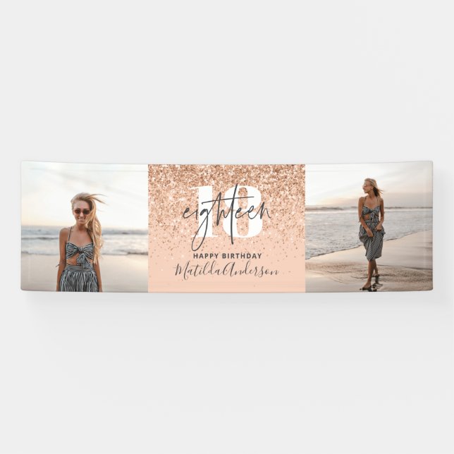 Peach girly modern glitter chic 18 photo birthday banner (Horizontal)
