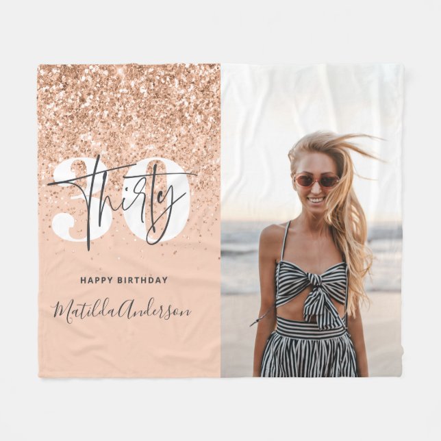 Peach girly modern glitter chic 30 birthday  fleece blanket (Front (Horizontal))