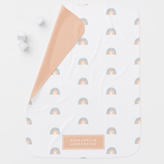 Peach girly watercolor rainbow personalized modern baby blanket (In Situ)