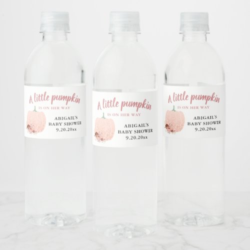 Peach Glitter Baby Shower A Little Pumpkin Water Bottle Label