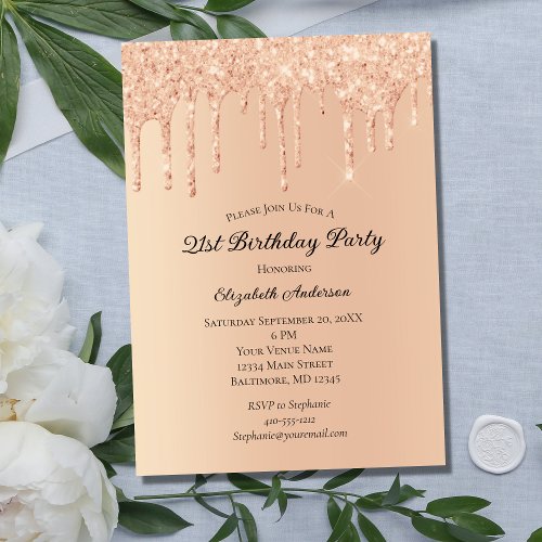 Peach Glitter Drips Trendy Glam 21st Birthday Invi Invitation