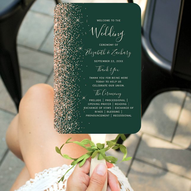Peach Glitter Edge Emerald Green Wedding Program Hand Fan (Creator Uploaded)
