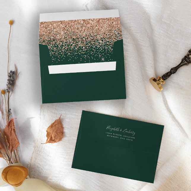 Peach Glitter Emerald Green Wedding Envelope (Creator Uploaded)