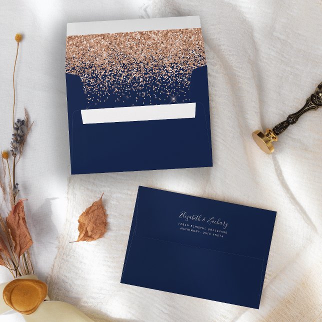 Peach Glitter Navy Blue Wedding Envelope (Creator Uploaded)