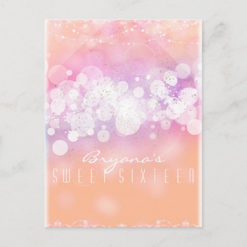 Peach Glow Sparkle Lights Glam Birthday Party Invitation Postcard