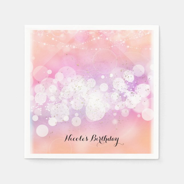 Peach Glow Sparkle Lights Glam Birthday Party Paper Napkins (Front)