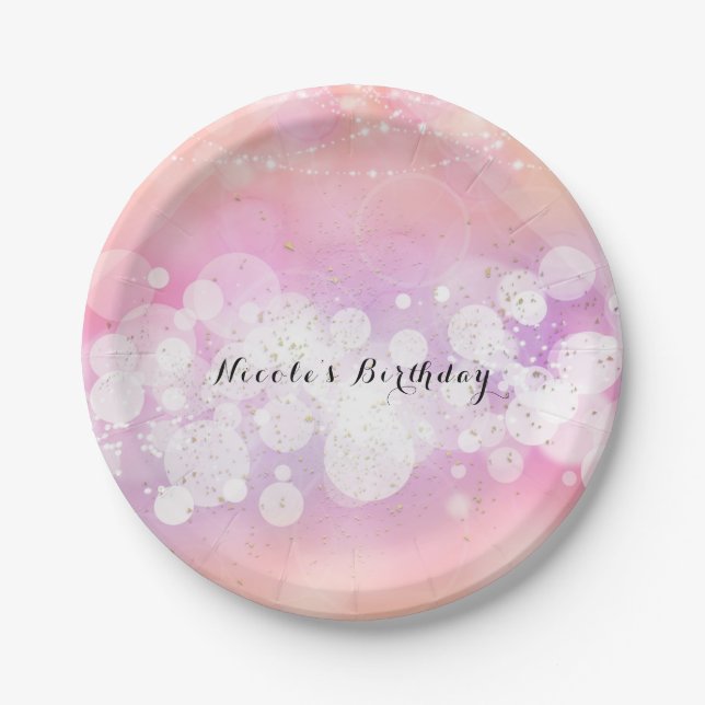 Peach Glow Sparkle Lights Glam Birthday Party Paper Plates (Front)